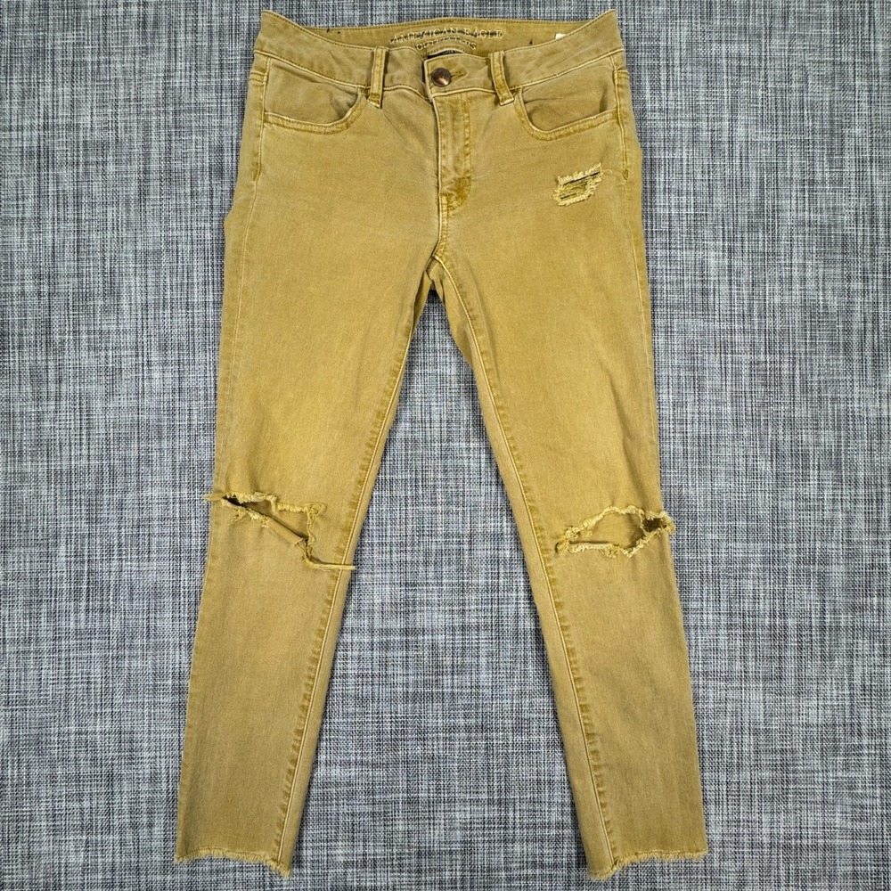 American Eagle Women's Jegging Crop Size 4 Mustard Stretch Distressed Raw Hem